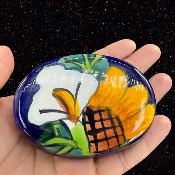 Mexican Pottery Trinket Box Jewelry Storage Box Talavera Pottery Painted Flowers - Picture 7 of 12